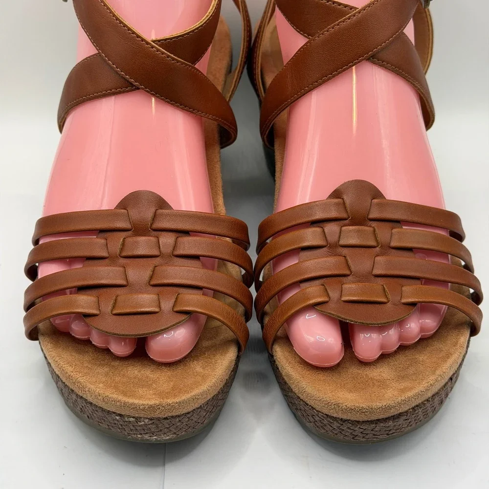 Vionic Clarisa Tan Leather Raffia Wedge Sandals Strappy Platform Brown 8